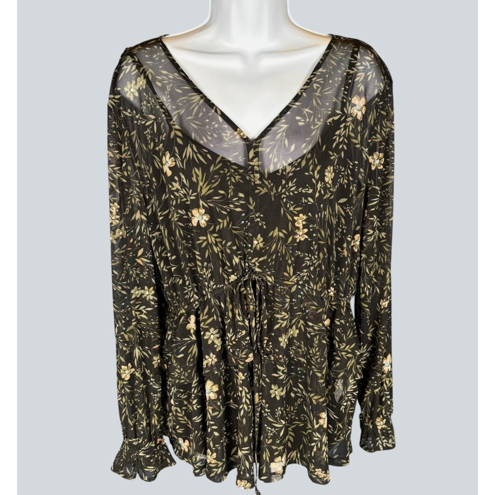 Women’s XL Floral Mesh Babydoll Top Y2K Fairycore Whimsigoth‎ Coquette Sheer